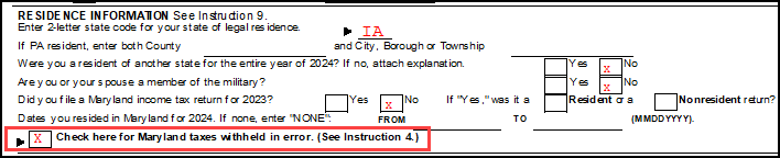 Image of MD taxes withheld in error check box on MD Form 505